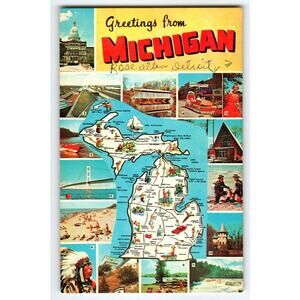 Map Postcard Greetings From Michigan Multi View Vintage Retro Dexter Press